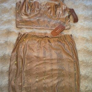 SHEIN Nude Rhinestone Detail Top/ skirt size L